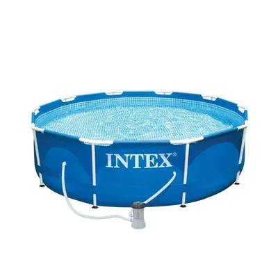 A blue Intex frame pool filled with water, with a filter pump attached.