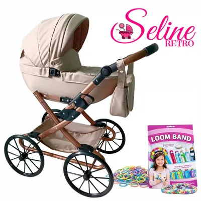 Obrázek produktu pro Kočárek pro panenky, polská značka, skládací, hluboký, model Seline Retro – barva cappuccino s bronzovými prvky, včetně tašky a košíku