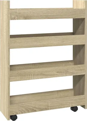 A narrow, four-tier storage cart made of wood-look material, shown against a white background.