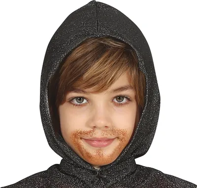 A young boy wearing a black hooded costume with a fake beard.