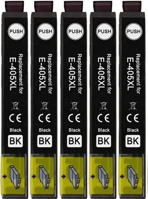 Five black ink cartridges are lined up against a white background.