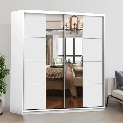 Produktbild von Schwebetürenschrank Kleiderschrank Schrank 203cm Weiß/Weiß mit Spiegeln und Zierleisten Pola 38