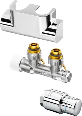 A set of plumbing fixtures for a radiator, including a mounting bracket, a valve manifold, and a thermostatic valve head.