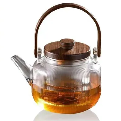 Produktbild von Premium Teekanne aus Borosilikatglas mit Walnussdeckel, 900 ml, hitzebeständig, itzebeständig Teesieb Herausnehmbar, für heiße und kalte Getränke