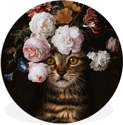 Produktbild von MuchoWow® Rundes Wandbild - Runde Bilder Katze - Blumen - Haustier Ø 90 cm Kreis Wanddekoration Kunststoff - Wandkreis - Wandschmuck - Wand-Kreis - Wohnzimmer - Bild - Runde - Wanddeko - Dibond - Kunstdrucke