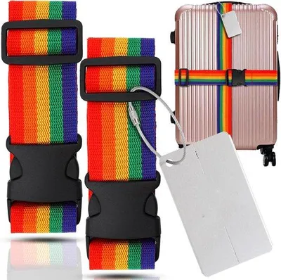 Produktbild von Famanu Kofferriemen 4 Stück + 2 Kofferanhänger - Verstellbar, Regenbogenfarben