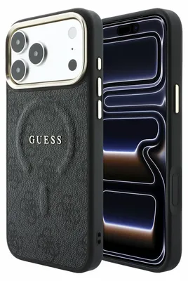 Obrázok produktu pre GuessPolyuretánkožené puzdro 4G so zlatým rámom a reliéfom MagSafe pre iPhone 18 Pro Max, čierne