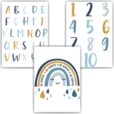Produktbild von Alphabet Zahlen Kinderposter 3er Set Lernposter ABC | Kinderzimmer Wandbilder Kindergarten Grundschule Kinder Lernhilfe Posterfür Kinder – DIN A4 (21x29.7cm)