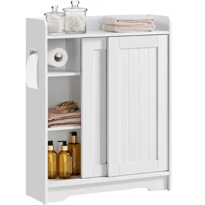 Produktbild von Yaheetech Schmaler Nischenschrank 60 x 20 x 75,5 cm, Badschrank mit Schiebetüren & Toilettenpapierhalter, platzsparend, Weiß