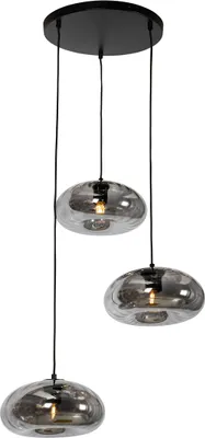 Produktbild von QAZQA - Art Deco Art-Deco-Hängelampe I Pendellampe I Pendelleuchte schwarz mit Rauchglas rund 3-flammig – Ayesha I Wohnzimmer I Schlafzimmer - Rund - LED geeignet E27