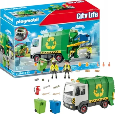 A Playmobil recycling truck playset, including the box and loose accessories.