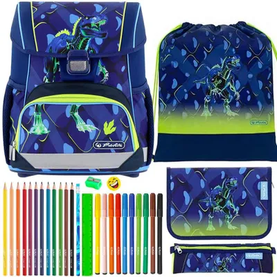 Produktbild von Herlitz Schulranzen Set Loop Plus T-Rex Explorer Dinosaurier 10-teilig gefüllt