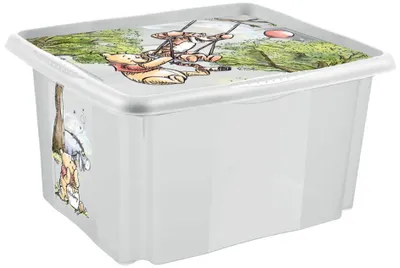 A clear, studio shot of a transparent storage box with a Winnie the Pooh design on the lid and side.