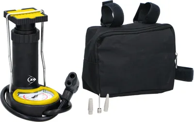 Obrázok produktu pre Dunlop Mini nožná pumpa - Pumpa na pneumatiky - obsahuje 3 adaptéry - analógový tlakomer s úložným vreckom