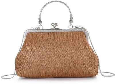 Zdjęcie produktu dla Elegancka torebka w stylu retro z rafii, z łańcuszkiem na ramię, idealna na imprezę na plaży i ślub