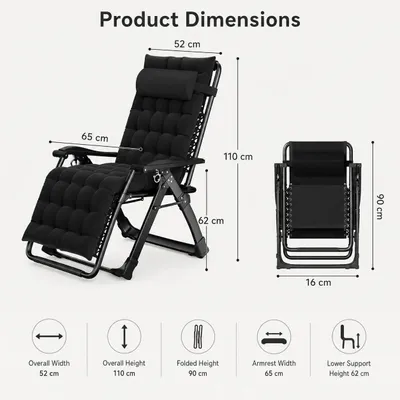 Produktbild von Garten Sonnenliege - Klappbare Relaxliege - Verstellbare gepolsterte Rückenlehne - Abnehmbares Kopfkissen - Becherhalter - Metallrahmen 240 kg - Schwarz