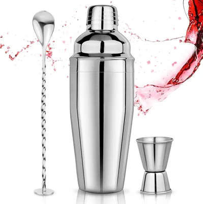 Produktbild von Cocktail Shaker Set 750ml Cocktailshaker Martini Shaker mit eingebautem Sieb - Professionelles Edelstahl Barkeeper Set inkl Messbecher, Bar-L?ffel - Fš¹r Martini, Margarita & Mixgetr?nke, Silber