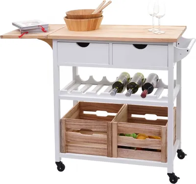 Produktbild von Servierwagen MCW-G35, Küchenwagen Rollwagen Küchenhelfer Beistellwagen Teewagen, Kiefernholz 89x119x41cm  natur-weiß