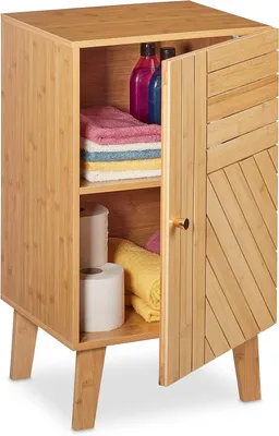 Image de Armoire de salle de bain en bambou - Étagère réglable - Porte réversible (gauche ou droite) - 70 x 40 x 37 cm - Meuble d'appoint - Naturel