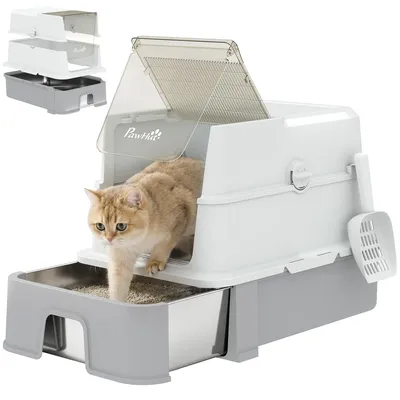 Produktbild von Katzentoilette aus Edelstahl mit Deckel, XL Katzenstreubox mit Schaufel, herausziehbare Wanne, hohe Seiten, leicht zu reinigen, grau