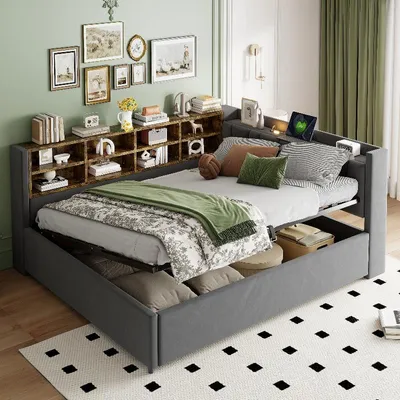 Immagine prodotto di Letto imbottito 140x200 cm con spazio contenitore a sollevamento idraulico, luce notturna, prese USB e di tipo C, testiera imbottita con ripiani, rivestito in velluto color grigio scuro