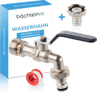 Produktbild von Bächlein Universal Wasserhahn für den Garten [anthrazit] - Kugelhahn inkl. 2 Schlauchanschlüssen - 1/2 und 3/4 Zoll Anschluss