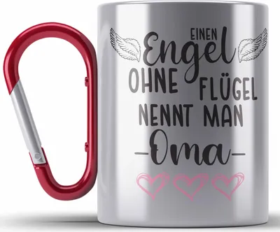 Produktbild von Trendation - Einen Engel Ohne Flügel Nennt Man Oma Edelstahl Tasse Karabiner Geschenk Muttertag Spruch Großmutter (Rot)
