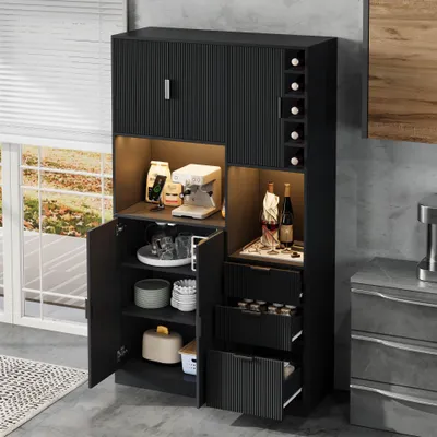 Produktbild von Flieks Küchenschrank mit Verstellbaren Einlegeböden, 3 Schubladen, Weinregal und LED-Beleuchtung, Hochschrank 105x40x180cm, Weinschrank, Schwarz