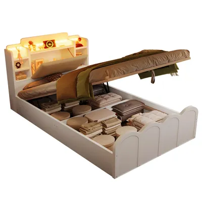 Produktbild von Holzbett mit RGB LED-Streifen, Stauraum, Lattenrost, Kopfteil mit Polsterung, Regal, USB, Type-C, 90x200cm, Einzelbett, Stauraumbett