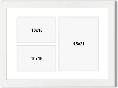 A white frame with three photo openings, two labeled 10x15 and one labeled 15x21.