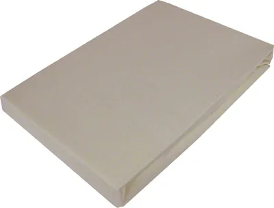 A taupe jersey fitted sheet is shown lying flat on a white background.