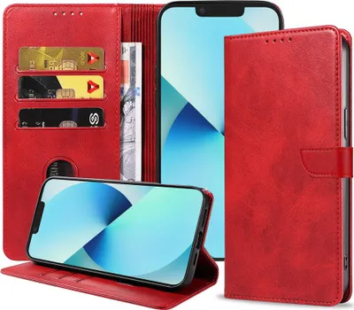 Produktbild von Passend für iPhone 13 Handytasche Kunstleder mit magnetischer Lippe und Kartenhalter Buchhülle mit Klappe - Rot - Smartphonica
