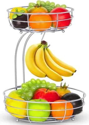 Produktbild von Doppelstock-Früchteller mit Bananenhalter - tägliche Küchenfrüchtasche - moderner Früchteller - praktischer Metallgroentenhalter - silberfarben