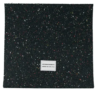 A square-shaped black mat with colorful flecks, with a white label in the center.