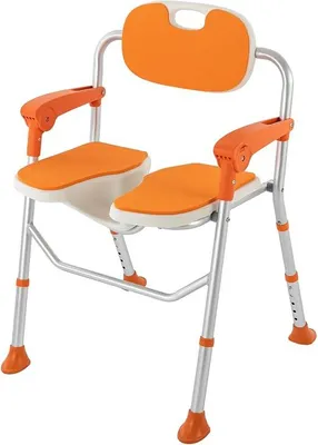 Immagine prodotto di Sedia per il bagno per anziani, con altezza regolabile, supporto fino a 150 kg. Sedia da doccia antiscivolo con braccioli e secchio per il bagno (arancione)