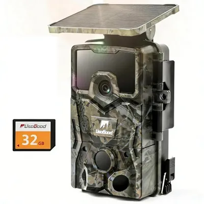 Image de Caméra de chasse Usogood 4K à énergie solaire, 48 MP, avec détecteur de mouvement, vision nocturne, angle de couverture de 120°, temps de déclenchement de 0,3 s, carte TF de 32 Go, étanche IP66