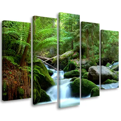 Produktbild von 5-teiliges leinwandbild wald felsen wasserfall 100x70 cm Feeby grün wandbild bereit zum aufhängen