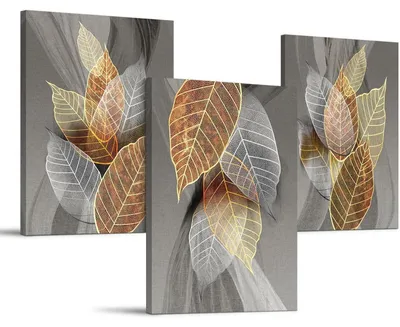 Immagine prodotto di Set di 3 quadri decorativi da parete, stampe su tela, 50x70 cm, astratte, con foglie dorate, stile moderno, con cornice