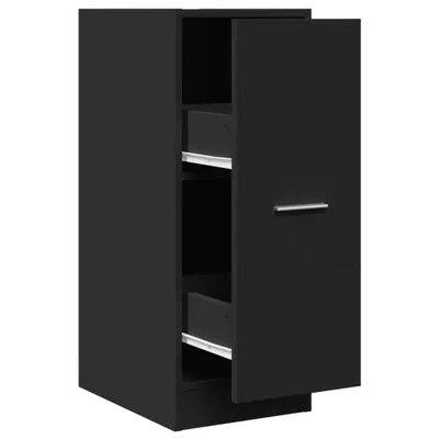A black apothecary cabinet with one door open, revealing three drawers.