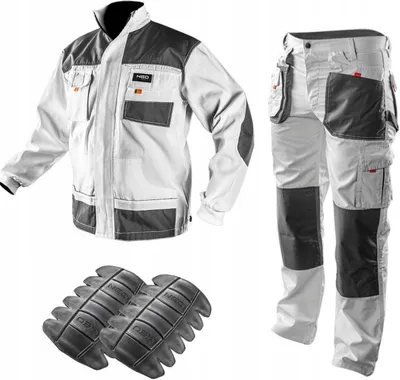 A set of work clothes including a jacket, pants, and knee pads, displayed against a white background.