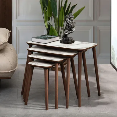 Obrázok produktu pre Skye Decor, kvalitný stôl s vkladacími stolíkmi (4 diely), biely, 70 x 55 x 40 cm | 100 % MDF, hrúbka 18 mm, drevené nohy | Moderný mramorový dizajn, ideálny do domácnosti aj do kancelárie, elegantný a funkčný.