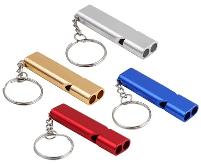 Zdjęcie produktu dla Piszczące gwizdki alarmowe - 4 sztuki - Aluminium - Podwójna rurka - Z breloczkiem