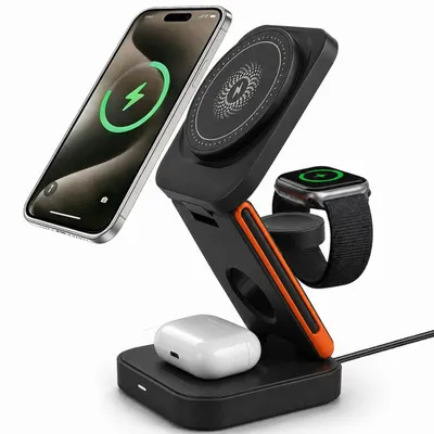 Obrázok produktu pre Magnetická bezdrôtová nabíjačka, 15 W, skladacia, nabíjací stojan 3 v 1 s USB-C