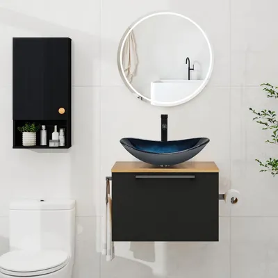 Immagine prodotto di Set di mobili da bagno composto da 3 elementi: mobile sottolavello da 60 cm, mobile laterale e pensile, colore blu e nero