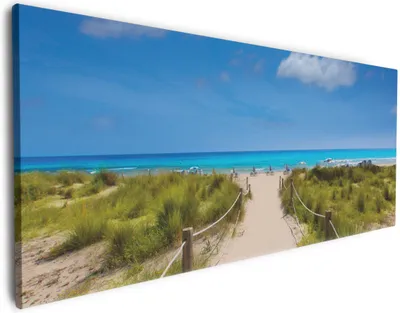 Produktbild von Wallario Premium Leinwandbild Sandweg zum blauen Meer mit blauem Himmel in Größe 80 x 200 cm