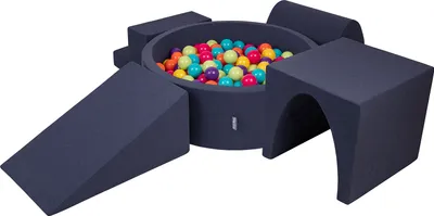 Produktbild von KiddyMoon spielplatz aus schaumstoff mit rund bällebad (300 bälle) ballgruben für babys spielbad hindernisläufen, hergestellt in der eu, dunkelblau:helgrün/gelb/türkis/orange/dpink/violet