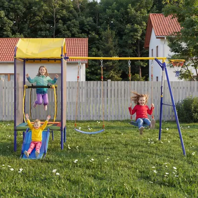 Produktbild von Multifunktionaler Kinder-Spielturm für Garten mit Trampolin, Rutsche & Basketballkorb, inkl.Sicherheitsnetz&stabiler Eisenrahmen Outdoor-Schaukel-Set