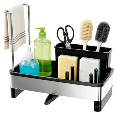 Produktbild von Küchen Spülbecken Organizer – Schwammhalter mit automatischer Abflussfunktion, –Multifunktionaler Küchenspülen Organizer(Schwarz), Spülbecken Organizer Schwarz