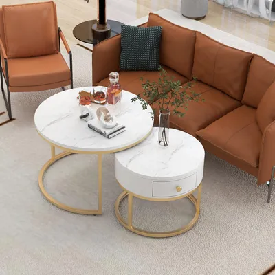 Image de OKWISH Tables Basses Gigognes Blanches - 2 Pièces Rondes avec Plateau Effet Marbre et Cadre en MDF Laqué - Design Moderne - 70x70x48 + 50x50x42 cm