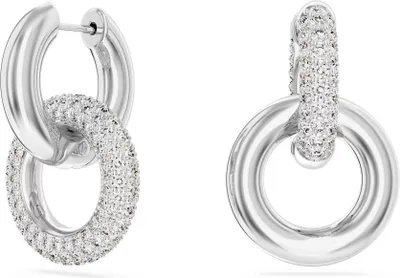 A pair of silver earrings with interlocking rings, one of which is encrusted with small white stones.